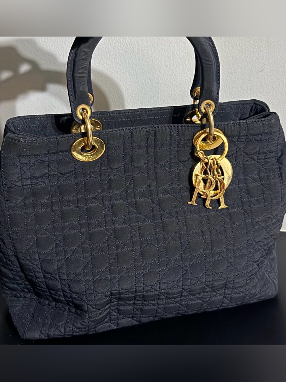 Dior Lady Dior Nylon Cannage Tote Black Gold Charm Medium Handbag - Picture 1 of 5